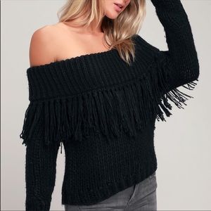 Black off the shoulder fringe sweater, SZ M